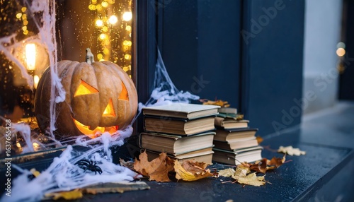 Glowing Jack-o'-Lantern, Cozy Setting with Books, Autumn Leaves, Indoor Ambiance