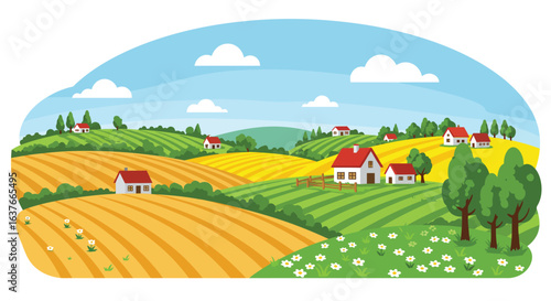 Rural Landscape with Fields Houses and Hills Illustration silhouette