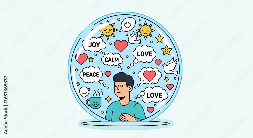 Illustration Vector of Man with Positive Thoughts Surrounded by Love Joy and Peace with Sun Stars Hearts and Doves in Minimalist Style Illustration Vector of Man with Positive Thoughts Surrounded by Love Joy and Peace with Sun Stars Hearts and Doves in Minimalist Style