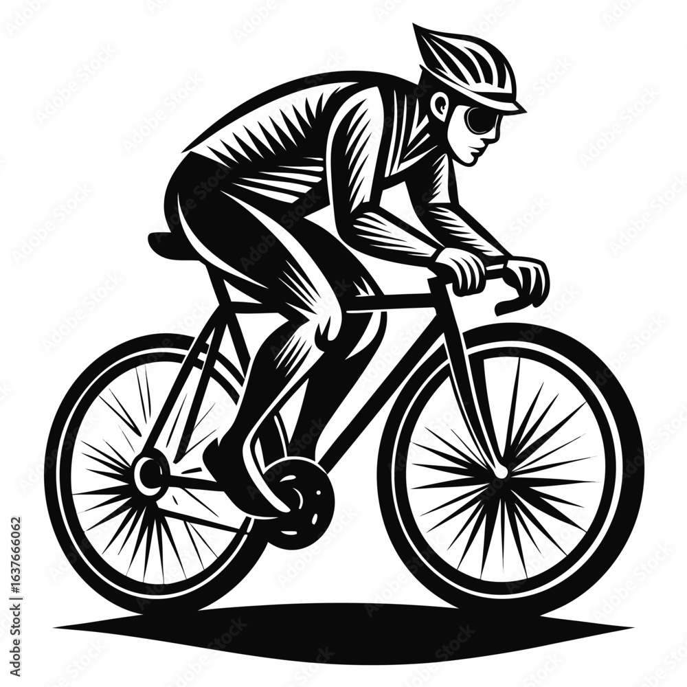 Naklejka premium Dynamic Cyclist Illustration Capturing Speed Endurance and Athleticism in Monochromatic Design Conveying Motion and Precision