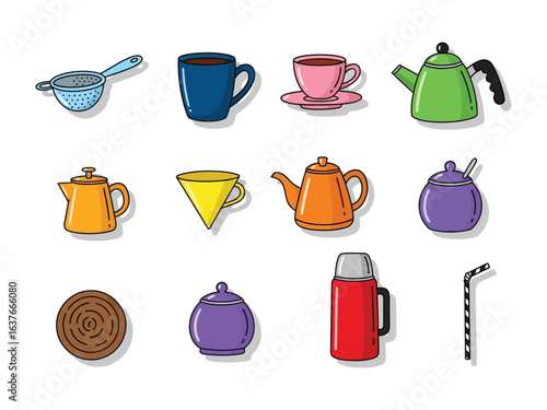 Tea Time Delight: A collection of vibrantly colored teaware, including mugs, teapots, and a sugar bowl, creates a visually appealing display, perfect for evoking a sense of warmth and comfort.