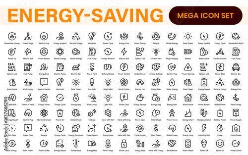 Energy-saving line icons. Contains icons for energy efficiency, power consumption, energy costs, greenhouse, reduction consumption, electric car, and more. Pixel perfect.