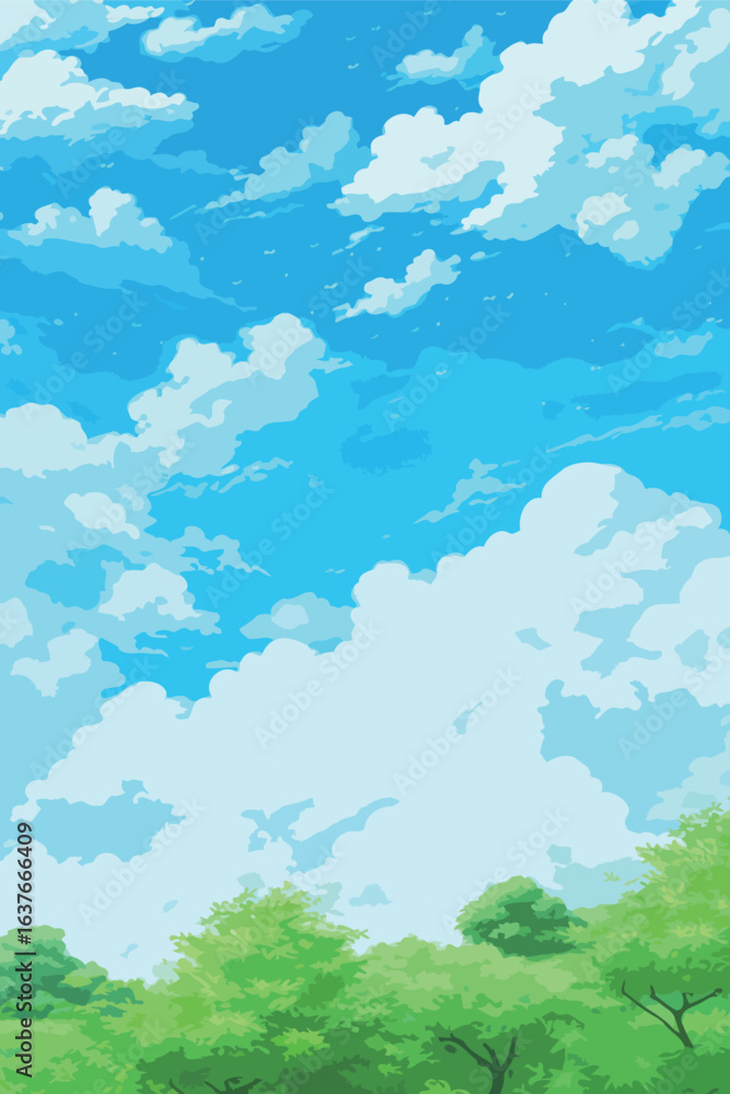 Fototapeta premium A blue sky with clouds and trees in the background. The sky is clear and bright, and the trees are lush and green. Scene is peaceful and serene, with the trees providing a sense of calm