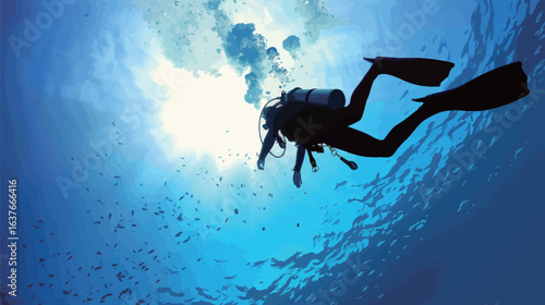 A man in a black wetsuit is diving in the ocean. The water is clear and blue, and the sun is shining brightly. The man is wearing a black scuba suit and a black helmet