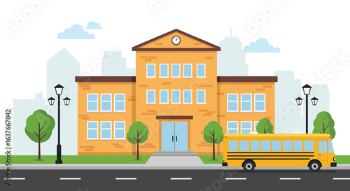 School Building with Yellow Bus and City Skyline Illustration silhouette