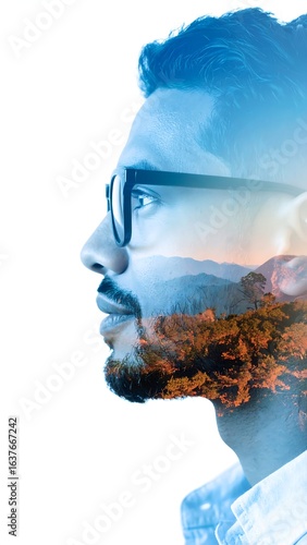 Profile portrait of a man, double exposed with a scenic landscape