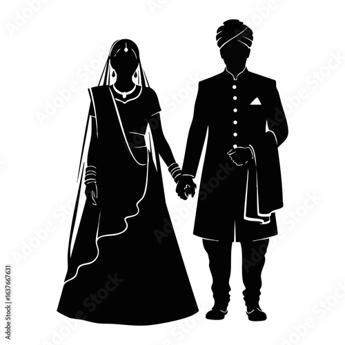 Minimal Hindu Wedding Couple Hand Holding Vector Illustration