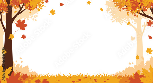 Autumnal Frame with Trees and Falling Leaves Silhouette