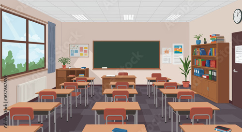 Empty Classroom with Desks and Blackboard Illustration Silhouette