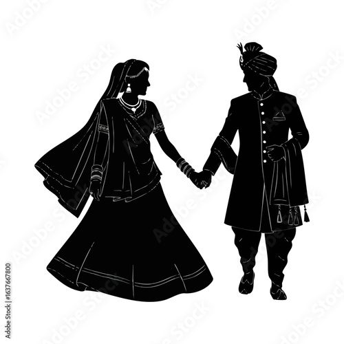 Minimal Hindu Wedding Couple Hand Holding Vector Illustration