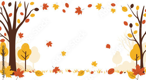 Autumnal Forest Frame Border with Falling Leaves and Trees silhouette
