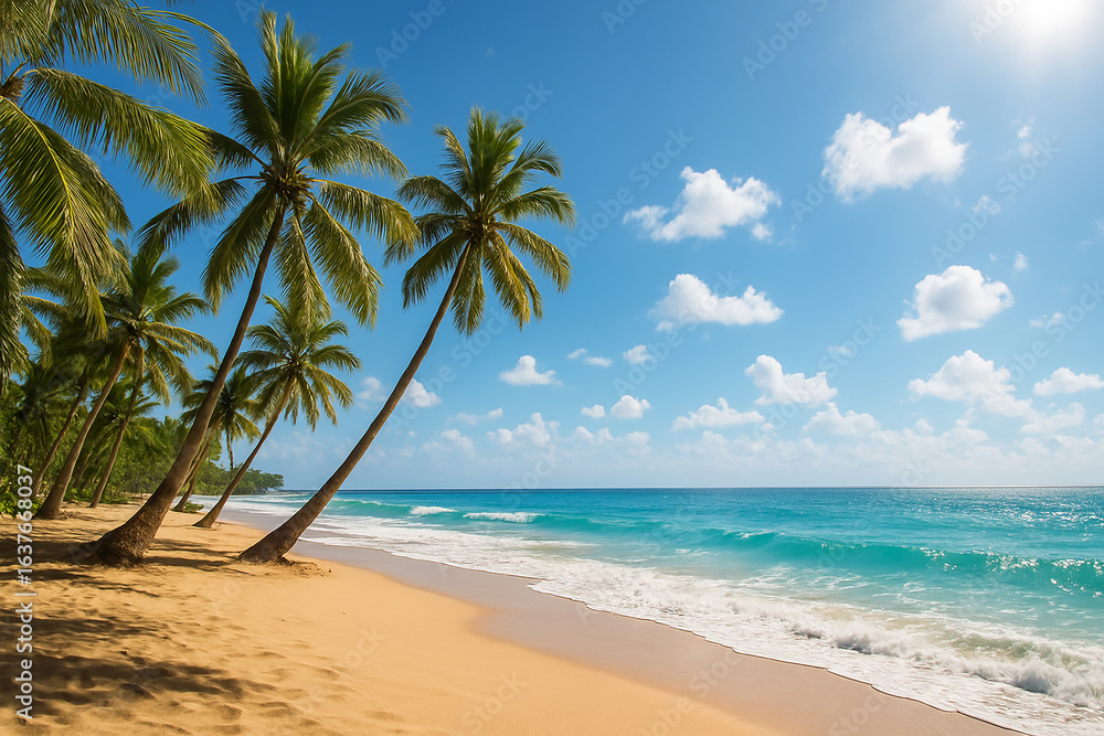 Fototapeta premium Tropical Coconut Palm Trees on Beach with Turquoise Sea and Blue Sky