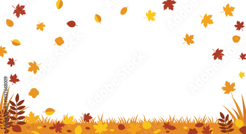 Autumn Leaves Falling Background with Silhouette Style Grass and Leaves silhouette