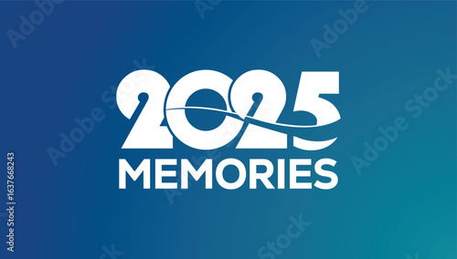 Minimalist 2025 design with bold white text on a blue gradient background. Wavy line connects digits, symbolizing time and memories. Clean, modern style perfect for reflection themes.