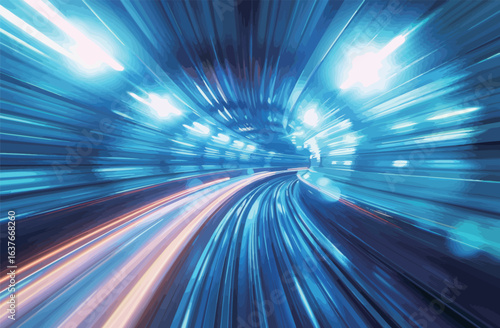 A blue tunnel with a bright light shining through it. The tunnel is long and narrow, and the light is shining brightly, creating a sense of movement and energy