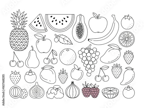 Assortment of Fruit Outline: A minimalist outline showcases a diverse assortment of delectable fruits. Each fruit stands out against a plain backdrop, perfect for culinary or design projects.