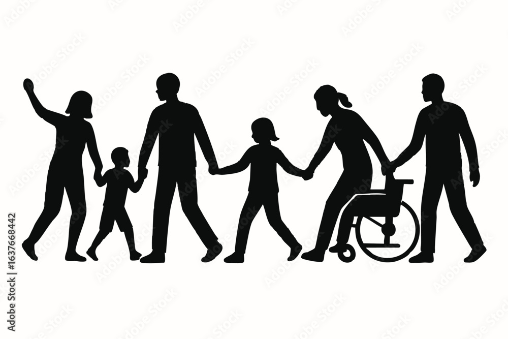 Fototapeta premium Inclusive Family Walking Together Silhouette Representing Diversity and Support and Love and Bonding and Companionship and Accessibility