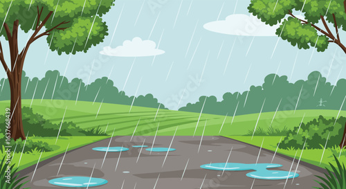 Rainy Day Landscape with Puddles and Trees silhouette