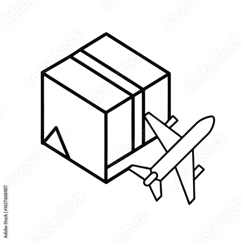 air delivery icon, outline vector of cargo airplane with parcel symbol for global shipping, express logistics, and international courier services