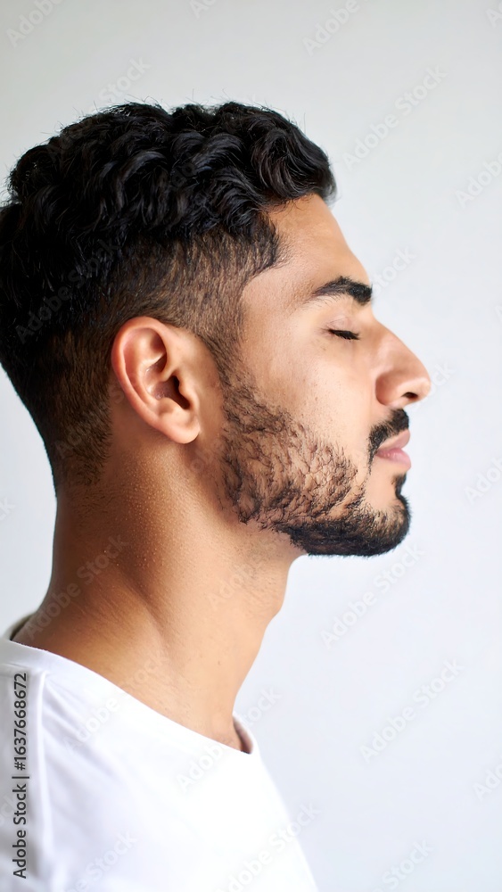 Obraz premium Profile portrait of a man with dark hair and beard, eyes closed, serene expression