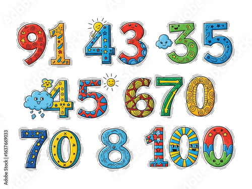 Colorful Animated Numbers: A playful collection of hand-drawn, animated numbers showcasing vivid colors and whimsical details. Each numeral brings a sense of fun, perfect for educational content.