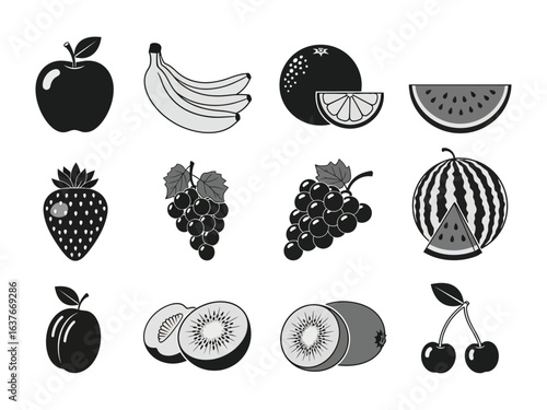 Fresh Fruit Collection: A visually pleasing collection of fresh, monochrome fruits showcases nature's bounty with distinct shapes and textures. An ensemble of familiar favorites.
