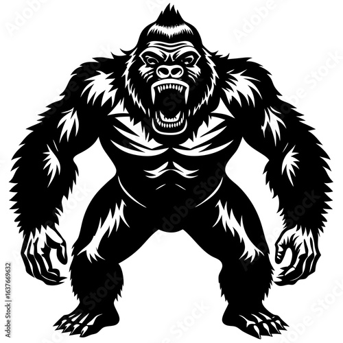 Fierce gorilla roaring aggressively silhouette