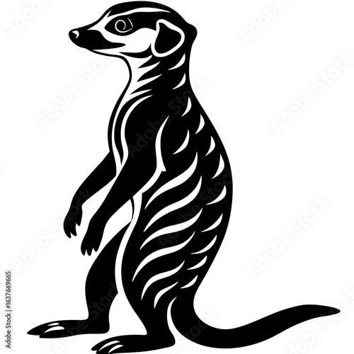 Stylized meerkat standing alert in black and white silhouette