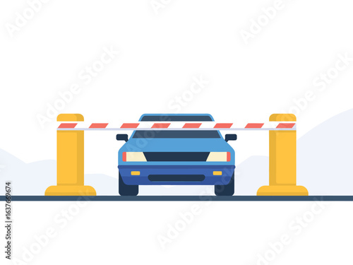 Blue pickup truck stopped at a security checkpoint barrier
