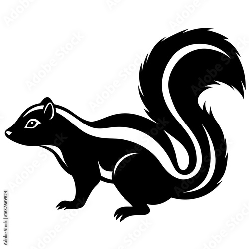 Black and white skunk silhouette with distinctive stripes and bushy tail