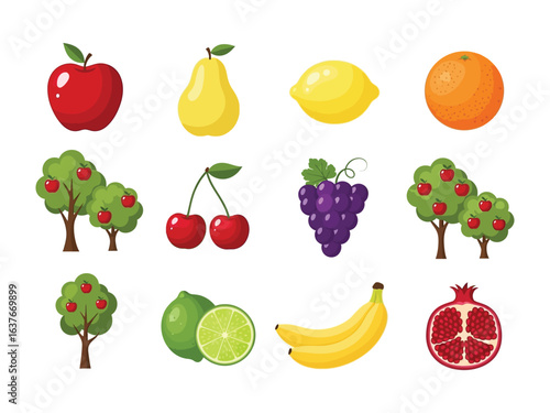 Orchard Bounty: A vibrant collection of assorted fresh fruit, including a juicy red apple, a sun-kissed orange, sweet grapes, and ripe cherries and orchard trees, celebrating nature's delicious gifts.