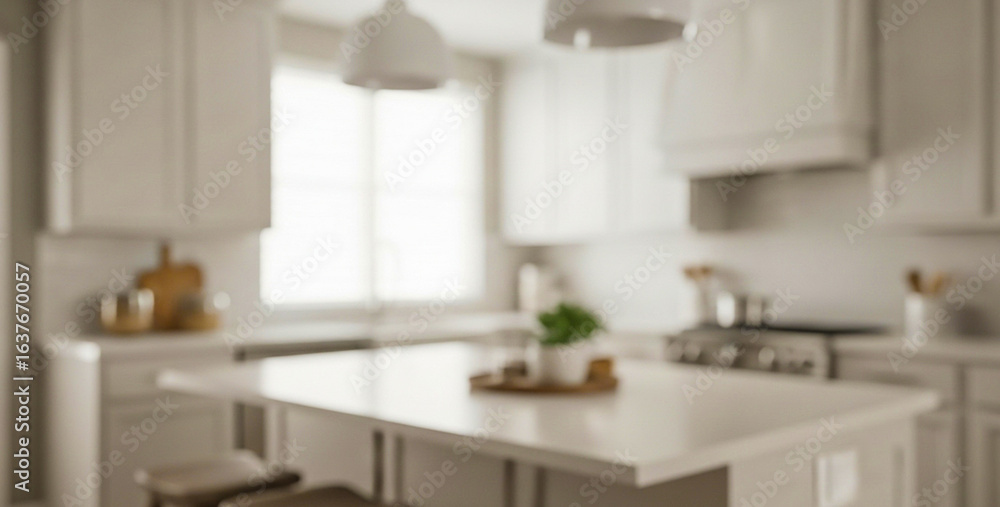 Bright kitchen interior with island, white cabinets, and countertops in a blurred background, highlighting a clean and modern home design style. Bright kitchen interior with island, white cabinets, and countertops in a blurred background, highlighting a clean and modern home design style.