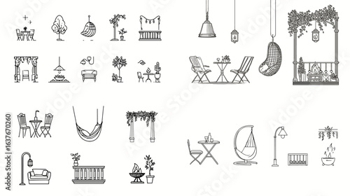 A collection of patio furniture and decor illustrations, including chairs, tables, swings, hammocks, lamps, and houseplants, suitable for both outdoor and residential designs.