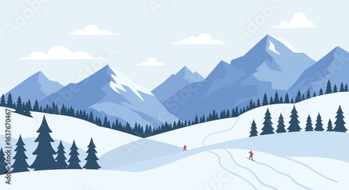Winter Mountain Landscape with Skiers in a Snowy Valley silhouette