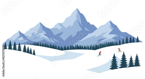 Skiers on Snowy Mountain Slopes with Evergreen Trees silhouette