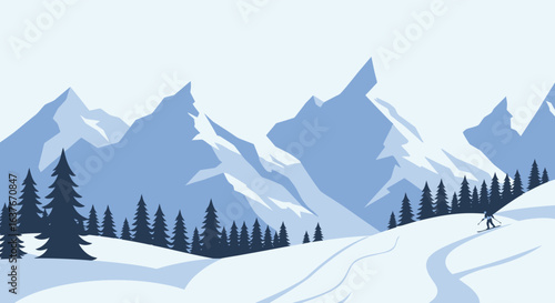 Winter Landscape with Skier and Mountain Peaks Silhouette
