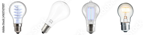 Collage, four types of light bulbs - spiral, classic, LED and retro, studio product photography, isolated light sources in high resolution, PNG without background