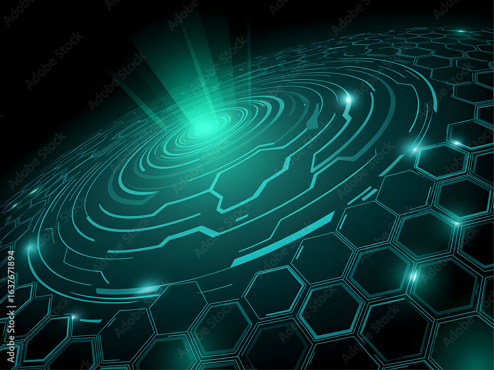 Fototapeta premium Futuristic digital illustration of glowing teal energy vortex over hexagonal grid image