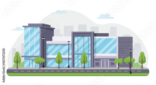 Modern Office Building Facade with Trees and Cityscape Silhouette