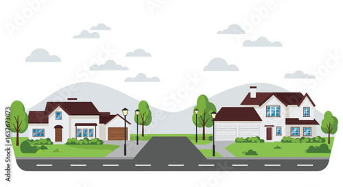 Neighborhood Street with Houses Trees and Clouds Illustration silhouette