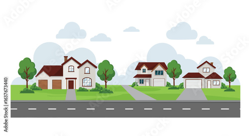 Suburban Neighborhood Street with Houses and Trees Silhouette