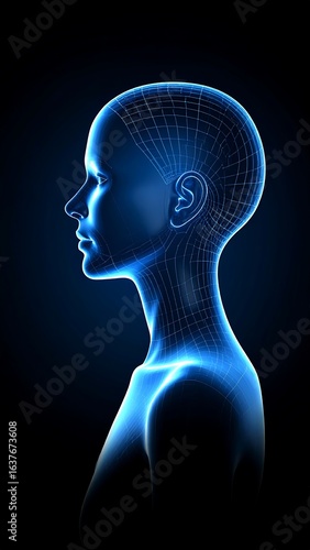 Profile view of a glowing blue female head and neck, showcasing anatomical details