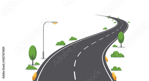 Winding Road with Trees and Streetlight Illustration in Silhouette Style silhouette