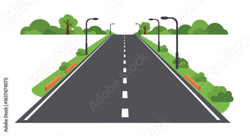 Straight Road Perspective with Trees and Streetlights Illustration silhouette