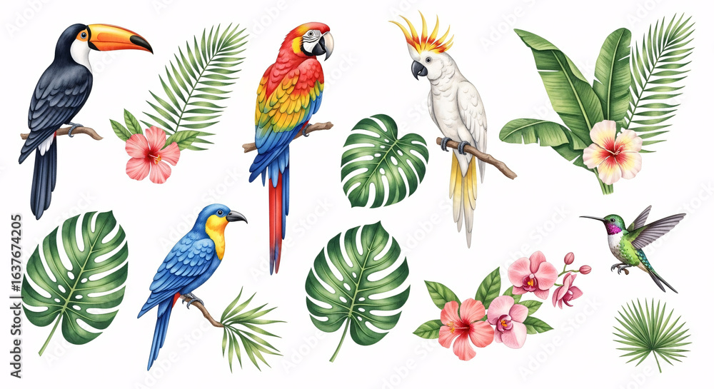 Fototapeta premium Tropical Birds and Leaves Clipart Set – Watercolor Parrots, Toucan, Hummingbird with Hibiscus, Orchids and Monstera 