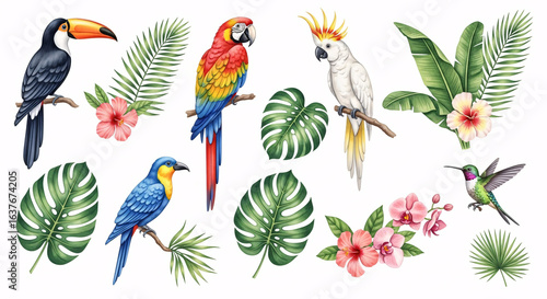 Wallpaper Mural Tropical Birds and Leaves Clipart Set – Watercolor Parrots, Toucan, Hummingbird with Hibiscus, Orchids and Monstera
 Torontodigital.ca