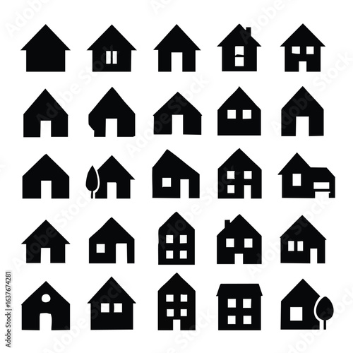 Variety of House Icons Representing Home Ownership and Real Estate in Simple Black and White Design