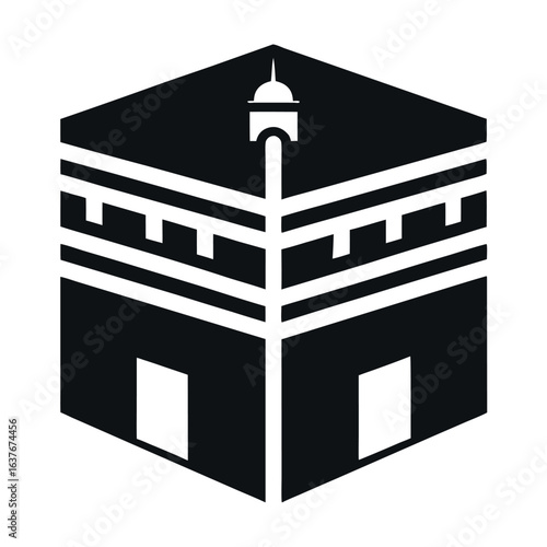 Stylized Black and White Kaaba Icon with a Dome, Stripes, and Two Doors