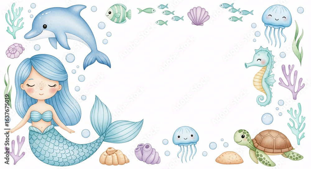 Obraz premium Cute Underwater Mermaid Frame Clipart – Watercolor Ocean Animals Border with Dolphin, Turtle, Jellyfish and Seahorse 