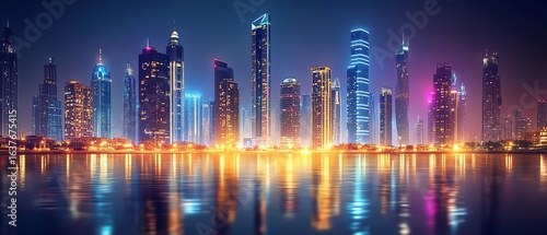 Modern city skyline illuminated at night.